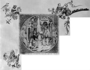 Liber Viaticus des Johannes von Neumarkt — Initiale O mit der Verkündigung an Maria, flankiert von Moses und Jesaja, Folio 69 verso