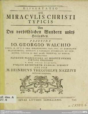 Dissertatio De Miraculis Christi Typicis Von Den vorbildlichen Wundern unsers Heilandes