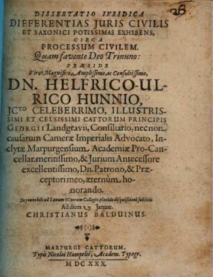 Dissertatio Iuridica Differentias Iuris Civilis Et Saxonici Potissimas Exhibens, Circa Processum Civilem