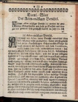 Titel-Blat des Acten-mässigen Berichts.