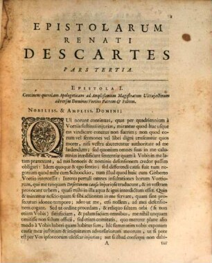 Renati Descartes Epistolae : In quibus omnis generis quaestiones Philosophicae tractantur, & explicantur plurimae difficultates quae in reliquis ejus operibus occurrunt [Holzschn.-Vign.]. 3