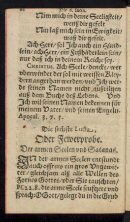 Die sechste Lucta, Oder Fewerprobe. Der armen Seelen und Satanas.