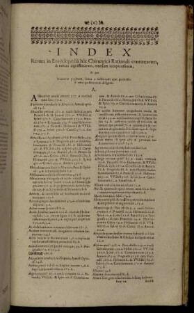 Index Rerum in Encyclopædiâ hâc Chirurgicâ Rationali contentarum, & notatu dignissimarum, omnium locupletissimus,