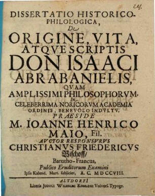 Diss. ... de origine, vita atque scriptis Don Isaaci Abrabanielis