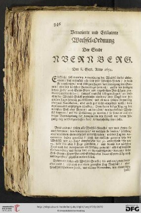 Verneuerte und Erlaeuterte Wechsel=Ordnung der Stadt Nuernberg