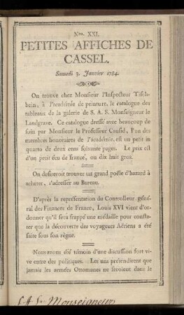 No XXI (Samedi 3 Janvier 1784)