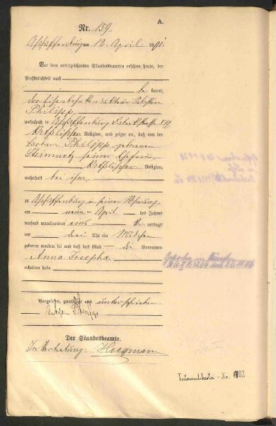 Standesamtsbuch der Stadt Aschaffenburg: Geburten 365/1900 - 184/1901