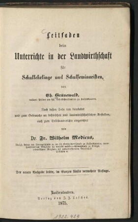 Leitfaden beim Unterrichte in der Landwirthschaft für Schullehrlinge und Schulseminaristen