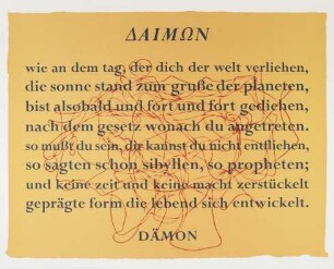 Dämon. Schriftbild "Dämon" zu Goethes Gedicht "Urworte orphisch", 9 Exemplare in verschiedenen Farben.