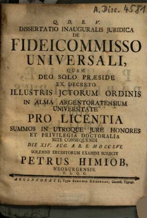 Dissertatio Inauguralis Iuridica De Fideicommisso Universali