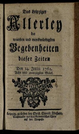 Den 14. Julii 1761. Acht und zwanzigstes Stück.
