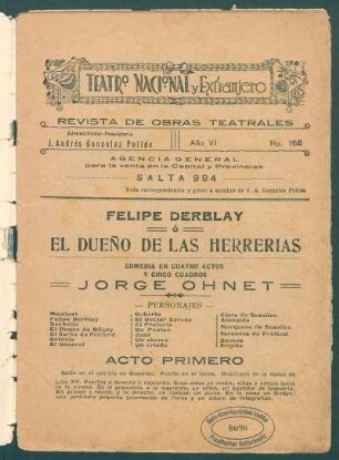 1921016800: Felipe Derblay ó el dueño de las herrerías : comedia en cuatro actos y cinco cuadros