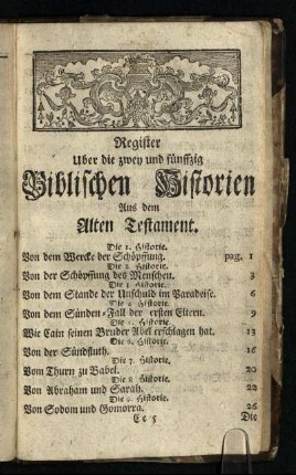 Register Uber die zwey und fünffzig Biblischen Historien Aus dem Alten Testament
