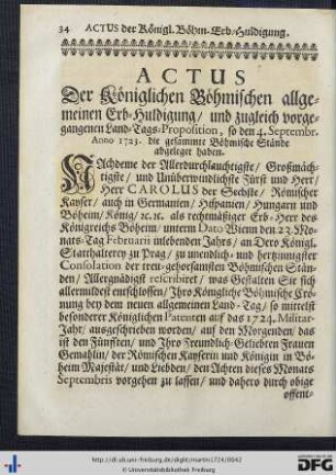 Actus Der Königlichen Böhmischen allgemeinen Erb-Huldigung ...
