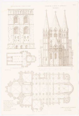 Dom, Speyer. Dom, Mainz. Pfarrkirche St. Maria, Gelnhausen: Ansicht von Norden Speyer, Grundriss Mainz, Grundriss, Choransicht Gelnhausen (aus: Altchristl. u. roman. Baukunst, hrsg. v. Zeichenaussch. d. Stud. d. TH Berlin, 1875)
