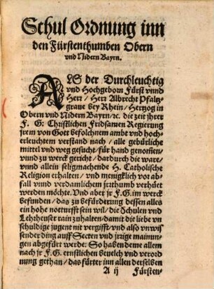 Schul Ordnung der Fürstenthumb Obern vnnd Nidern Bayerlands