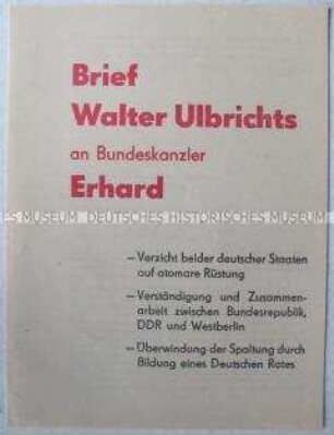 Flugschrift mit dem Wortlaut des Briefes von Walter Ulbricht an Bundeskanzler Erhard zu den Beziehungen zwischen beiden deutschen Staaten vom 26. Mai 1964
