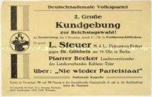 Ankündigung einer Kundgebung der Deutschnationalen Volkspartei am 3. November 1932 in Wiesbaden zur bevorstehenden Reichstagswahl