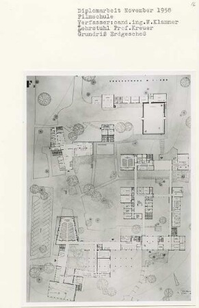 Filmschule, Berlin-Dahlem (Diplomarbeit bei Willy Kreuer): Grundriss Erdgeschoss 1:200