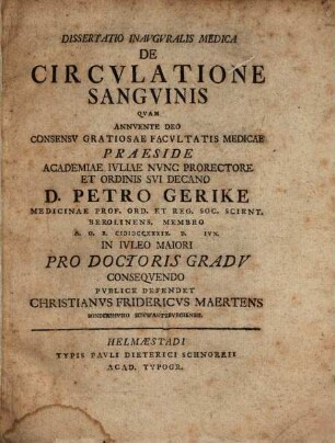 Dissertatio Inavgvralis Medica De Circvlatione Sangvinis