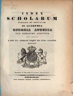 Index scholarum publice et privatim in Academia Georgia Augusta ... habendarum, SS 1850