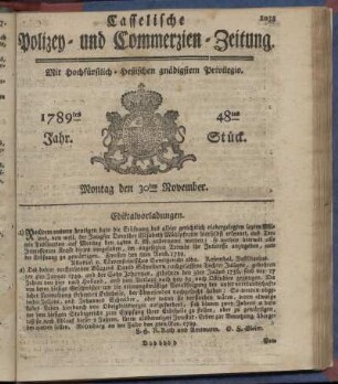 48tes Stueck, Montag den 30ten November. 1789