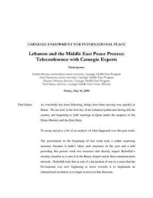 Lebanon and the Middle East Peace process : teleconference with Carnegie experts
