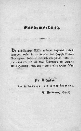 Vorbemerkung / Die Redaktion des herzogl. Hof- und Staatshandbuchs, A. Ambronn, Hofrath
