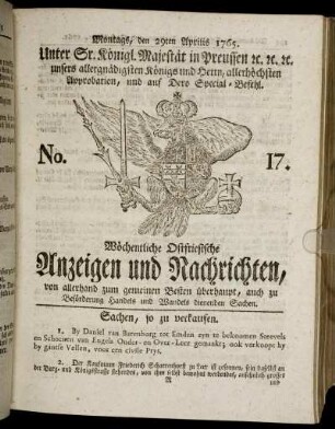 No. 17. Montags, den 29ten Aprilis 1765.