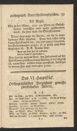 Das VI Hauptstück. Orthographisches Verzeichniß gewisser zweifelhafter Wörter.