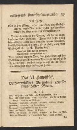 Das VI Hauptstück. Orthographisches Verzeichniß gewisser zweifelhafter Wörter.