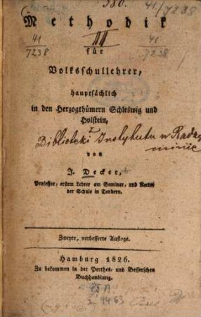 Methodik für Volksschullehrer : hauptsächlich in den Herzogthümern Schleswig und Holstein