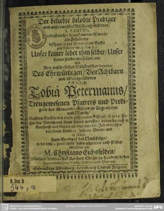 Der beliebte belobte Prediger ... bey Sepultur des Hn. Tobiä Petermanns