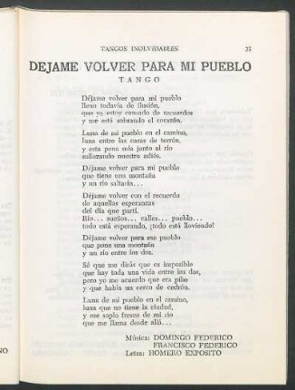Déjame volver para mi pueblo : Tango