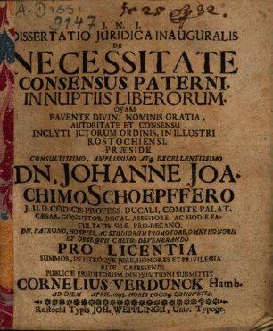 Dissertatio Iuridica Inauguralis De Necessitate Consensus Paterni, In Nuptiis Liberorum