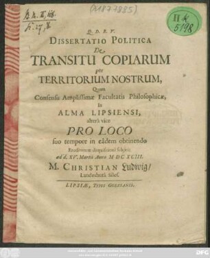 Dissertatio Politica De Transitu Copiarum per Territorium Nostrum