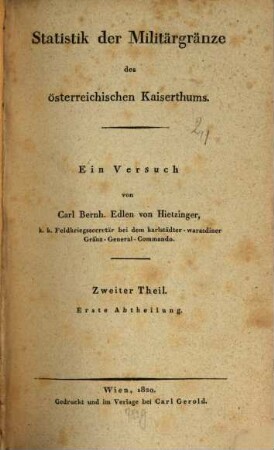 Statistik der Militärgränze des österreichischen Kaiserthums : ein Versuch, 2,1