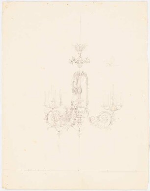 Lampe: Ansicht einer Hängelampe mit Kerzenhaltern, Detailskizze, Maßstabsleiste