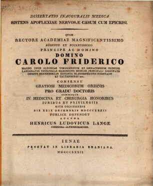 Diss. inaug. med. sistens apoplexiae nervosae casum, cum epicrisi