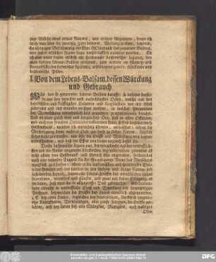 I. Von dem Lebens-Balsam, dessen Würckung und Gebrauch.