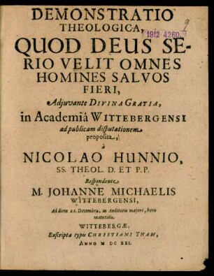 Demonstratio Theologica, Quod Deus Serio Velit Omnes Homines Salvos Fieri