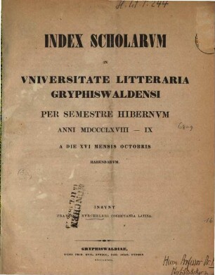 Index scholarum in Universitate Litteraria Gryphiswaldensi ... habendarum. WS 1868/69
