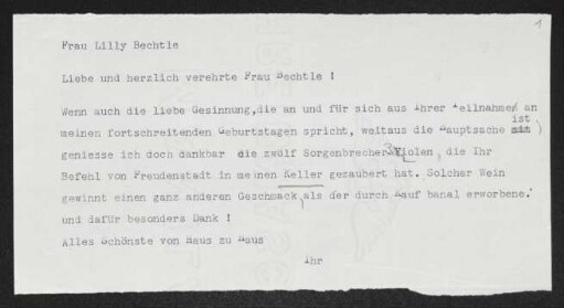 Brief von Gerhart Hauptmann an Lilly Bechtle