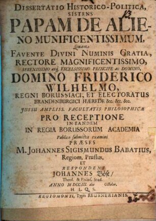 Diss. hist. polit. sistens papam de alieno munificentissimum