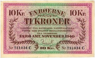 Geldschein, 10 Kroner, 11.1940