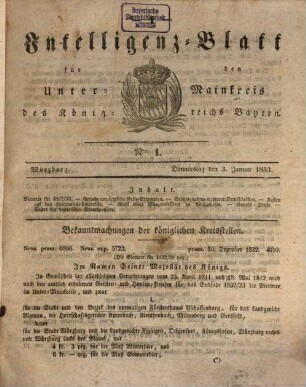 Intelligenzblatt für den Unter-Mainkreis des Königreichs Bayern. 1833