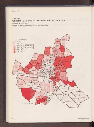 Anteil der Wohnungen in 1958 bis 1968 errichteten Gebäuden an allen Wohnungen in den Hamburger Stadtteilen am 25. Mai 1987