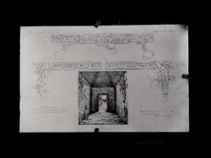 The Palace, House E. - Drawing of the stucco ornament over the northern doorway in the eastern corridor and rough sketch showing its position on the walls. : Archaeology, Vol. IV., Plate 43