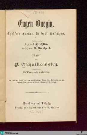 Eugen Onegin : lyrische Szenen in drei Aufzügen