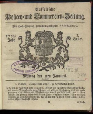 1. Stueck, Montag den 1ten Januarii 1759